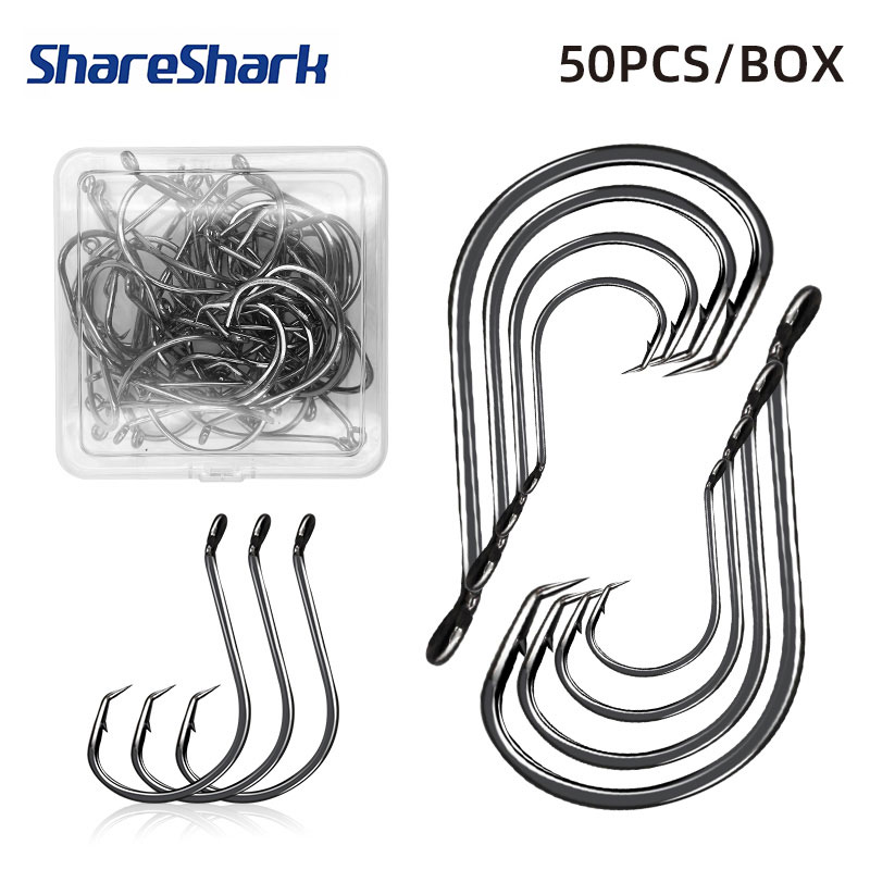 Fishing Hook Circle - ShareShark 50個/箱 7384 高炭素鋼タコ釣り針 リング付きバーブ付き釣り針 ルアー