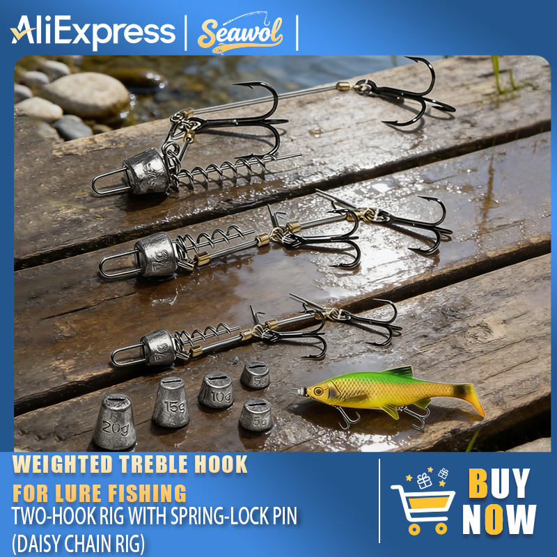 Fishing Hook Treble - 釣り用フックリグ スチールリーダー、ウェイト付きデイジーチェーンルアー、スプリングロック付きトレブルダブルフックセット、手作りの海水・淡水用